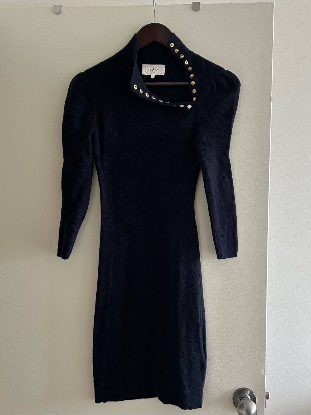 ba&sh Black Knit Dress with Gold Snap-Trim Collar